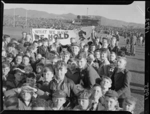 Young school boys pose for the camera during a Ranfurly Shield match between Wellington and Canterbury, Athletic Park, Wellington