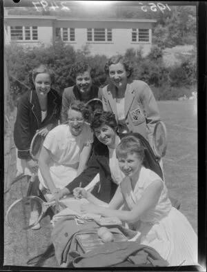 Group of female tennis players at Central Park Courts, Wellington