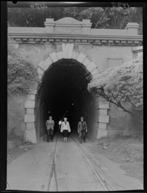 A group walking out of the Mount Victoria tram tunnel, Wellington