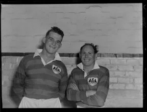Onslow rugby football players J G Dougan and R P Foster (Captain) in rugby uniforms prior to Athletic Park match