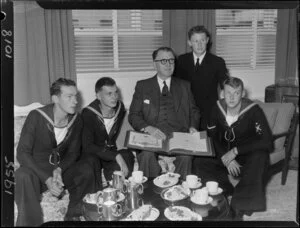 The Prime Minister Sidney Holland hosting four Australian navy cadets, Joe Ingles, Keith Crittenden, Peter Drake, John King
