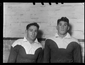 Petone rugby football players [Brocklebank?] and Sparks (left to right) in uniform prior to Athletic Park match against Onslow