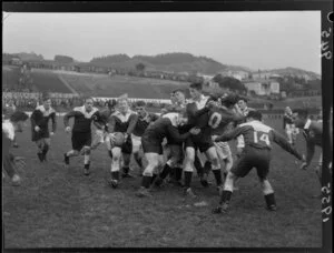 Rugby match, Onslow verses Petone, at Athletic Park, Wellington