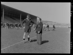 R H Bell, Dunedin All Black, with Otago rugby selector C K Saxton, at Athletic Park, Wellington