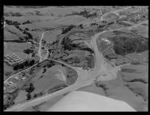 Aerial photograph of the Takapu Road junction with the Johnsonville-Porirua motorway looking north towards Tawa Flat