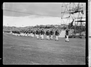 Team of athletes at the 1950 British Empire Games opening, Eden Park, Auckland