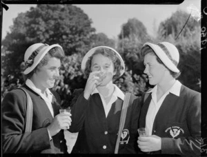Scottish swimmers Elizabeth Turner, Helen Gordon, and Margaret Girvan at a garden party, Government House, Auckland