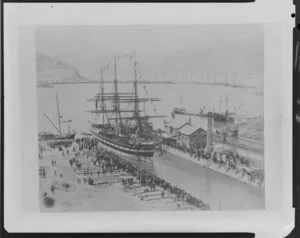 Sailing ship `Huruni' docked at wharf