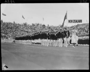 New Zealand team at the 1950 British Empire Games opening, Eden Park, Auckland