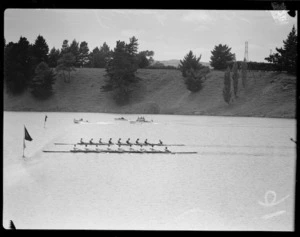 Finish of the men's eights rowing race, 1950 British Empire Games, Lake Karapiro