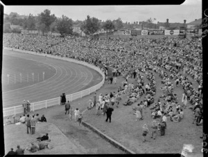 Spectators at Eden Park during the 1950 British Empire Games, Auckland