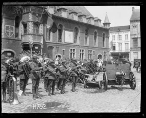The Duke of Connaught inspects the Victors of Messines, the band and trophies, Market Square Bailleul