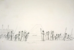 Merrett, Joseph Jenner, 1816?-1854 :[The Hobson album]. A meeting of visitors Mounganui. Tauraga in the distance. [1843?]