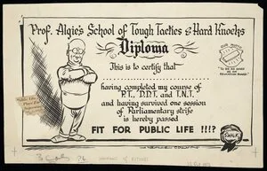 Colvin, Neville Maurice, 1918-1991 :Prof Algie's School of Tough Tactics and Hard Knocks Diploma... Evening Post, 22 October 1952
