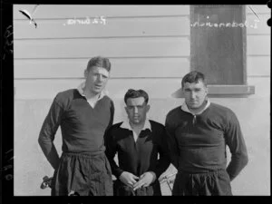 New Zealand rugby union All Black players, Ivan Vodanovich, [Keith Davis?] and Peter Burke