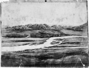 Photograph of a drawing depicting Omarumui and the Tutaekari River