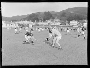 Mens hockey game, Wellington College Old Boys versus Rongotai Old Boys at Karori Park