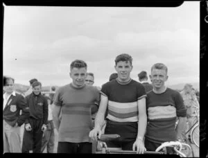Cyclists [possibly the winners], Laycold Cup meeting, Petone