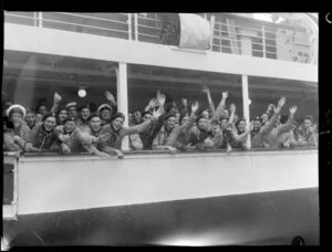 Boy scouts arriving on the ship 'Monowai', Wellington