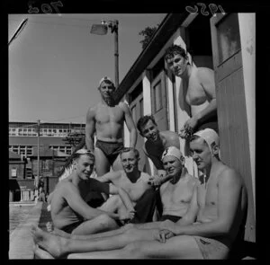 Victoria College waterpolo team, J Hamilton, N Overman, R Routley (back), B Trotter, I Verhoven, C Trotter and P Frazer (front), at the Thorndon swimming pool, Wellington