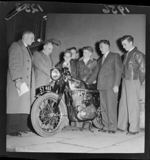 Members of Wellington Motorcycle Club with the City Missioner (Rev. John Martin) and the Minister of Police (Mr Marshall)