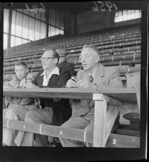 Cricket scorers, Messers G A Waddle and E Ketko and a young boy, Wellington