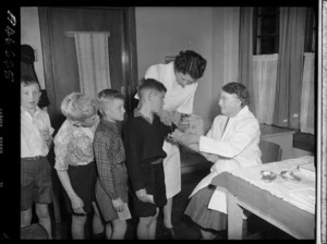 Children being vaccinated against polio, Newtown School, Wellington