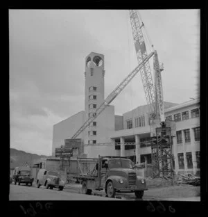 Lower Hutt Town Hall under construction, with the clock tower nearly completed