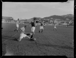 Stop Out versus Miramar Rangers soccer teams at Basin Reserve, Wellington