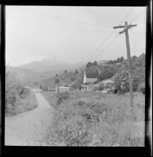 Church and houses, Waihi Village, Lake Taupo