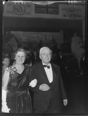 Walter Nash, leader of the Labour Party, with his wife at the A & P Association ball in Lower Hutt