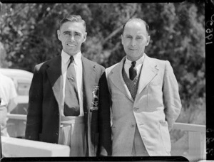 South African sculler I R G Stephen with another man, 1950 British Empire Games rowing camp, Karapiro