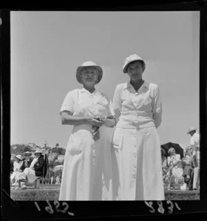 Two unidentified women at the lawn bowls Women's Bowling Championships, Miramar, Wellington