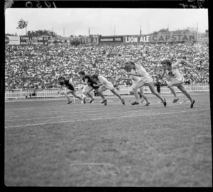 Start of a women's sprint event, 1950 British Empire Games, Eden Park, Auckland
