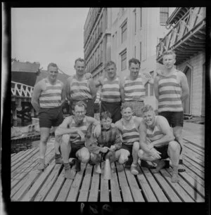 Rowing, Star Maiden (8 team) with Olympic prospects,including the ship 'Roscommon' docked in the background, unidentified location