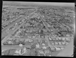 Aerial view of Levin, Horowhenua District, looking south and including Main Trunk Line, Oxford Street (State Highway One) and [Courtesy Domain?]