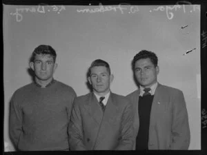 Rugby Union football players, A Pryor, W Freebairn and K E Barry, North Island trials, Palmerston North