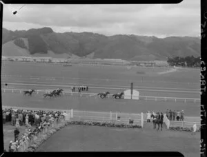 Wellington Cup Day horse racing at Trentham, Upper Hutt, Wellington Region, featuring the end of a race and including the crowd