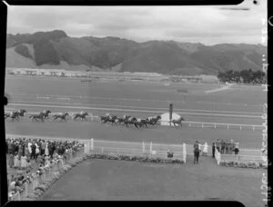 Wellington Cup Day horse racing at Trentham, Upper Hutt, Wellington Region, featuring the end of a race and including the crowd