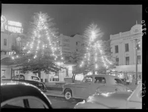 Night view from Dixon Street of the Christmas lights in the trees in Pigeon Park, Wellington