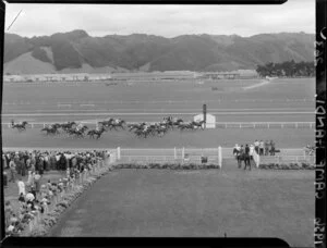 Wellington Cup Day horse racing at Trentham, Upper Hutt, Wellington Region, featuring the end of a race and including the crowd