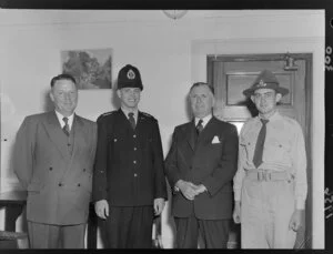 From left, Mr Standidge, Constable M J D Marriot, Prime Minister Sidney Holland and Gunman R L Collins