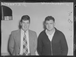 Rugby Union football players, Macdonald, and J K Carroll, North Island trials, Palmerston North