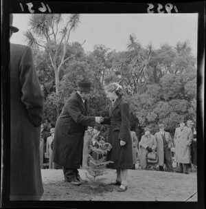 Mayor of Wellington (Mr Macalister) with Gay Atkinson, at an Arbor Day ceremony in the Wellington Botanical Gardens