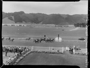 Horse racing at Trentham, Upper Hutt, Wellington Region, featuring the end of a race and including the crowd