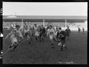 Football game at Athletic Park, Wellington, North v South