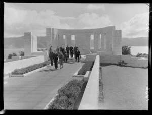 A group of unidentified people visiting the Massey Memorial, Halswell Point, WeWellington, at the centenary of William Massey's birth