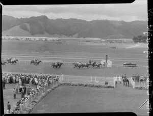 Wellington Cup Day horse racing at Trentham, Upper Hutt, Wellington Region, featuring the end of a race and including the crowd