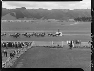 Wellington Cup Day horse racing at Trentham, Upper Hutt, Wellington Region, featuring the end of a race and including the crowd
