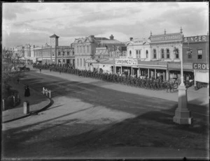 Street scene, The Square, Palmerston North, with marching soldiers